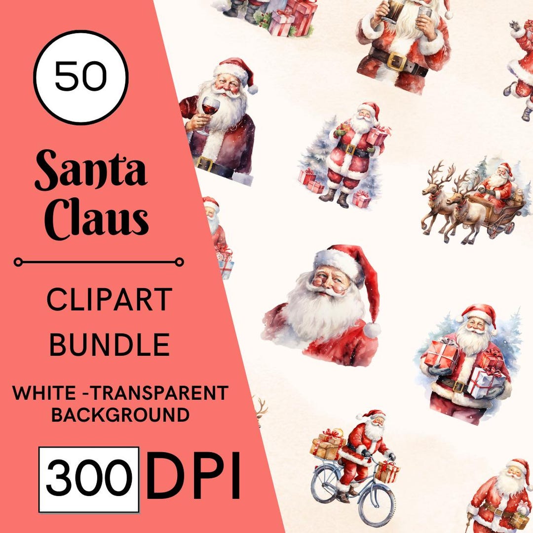 50 Watercolor Santa Claus Clipart Bundle, PNG Christmas Graphics ...