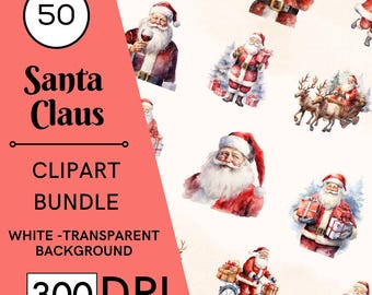 50 Watercolor Santa Claus Clipart Bundle, PNG Christmas Graphics, Nursery, Commercial Use, Digital Download