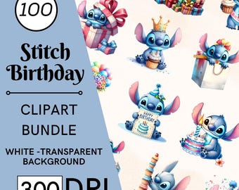 Set de imágenes prediseñadas de acuarela de 100 puntadas para cumpleaños, diseños para fiestas DIY, guardería, uso comercial, descarga digital