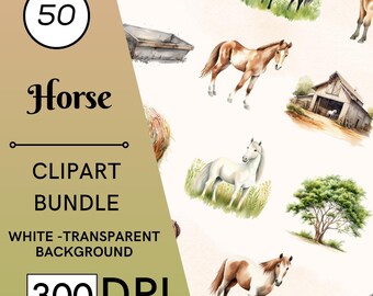 50 Watercolor Horse Clipart Bundle Set, Horses Transparent PNGs, Commercial Use, Digital Download