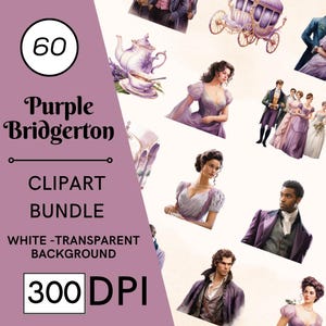 60 imágenes prediseñadas de Bridgerton púrpura, PNG transparentes de alta calidad, descarga instantánea, uso comercial: diseño de la época de la Regencia, grabados románticos victorianos
