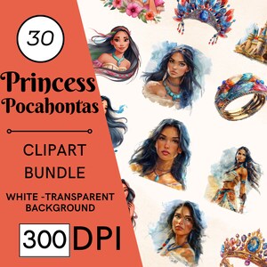 30 Aquarell Native American Princess Clipart, Indian PNG Clipart, Indian Clipart, Fantasy Fairytale Decor, Indian Fantasy Princess PNG