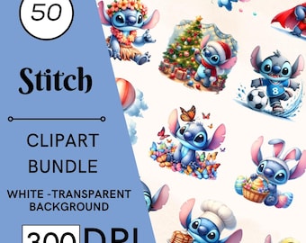 50 Watercolor Stitch Clipart Set, High-Resolution PNG, Nursery Art, Commercial Use, Digital Download