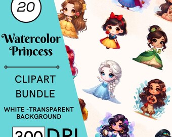 20 Watercolor Princess Clipart Set, High-Resolution PNGs, Nursery Art, Commercial Use, Digital Download
