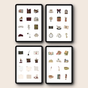May include: Four digital tablet screens displaying a collection of 24 vintage-style illustrations. The illustrations include a variety of objects such as books, a camera, a lamp, a key, a cup of coffee, a globe, a feather, a letter, a clock, a radio, a suitcase, a pair of glasses, a beret, a bow, a birdcage, a candle, a stack of books, a house, a flower, a wand, a rose, a woman, and a stack of books with a bookmark.