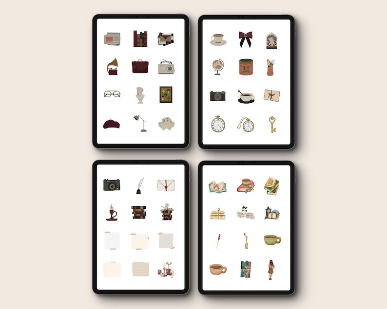 May include: Four digital tablet screens displaying a collection of 24 vintage-style illustrations. The illustrations include a variety of objects such as books, a camera, a lamp, a key, a cup of coffee, a globe, a feather, a letter, a clock, a radio, a suitcase, a pair of glasses, a beret, a bow, a birdcage, a candle, a stack of books, a house, a flower, a wand, a rose, a woman, and a stack of books with a bookmark.