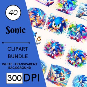 40 sonische clipartset - 300 dpi, hoge resolutie, transparante achtergrond, digitale download, perfect voor doe-het-zelfcadeaus