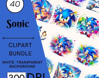 40 Sonic Watercolor Clipart Set, High-Resolution PNG, Nursery Art, Commercial Use, Digital Download