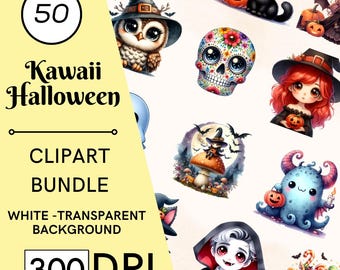 Watercolor Kawaii Halloween Clipart | 50 Graphics (Instant Download)