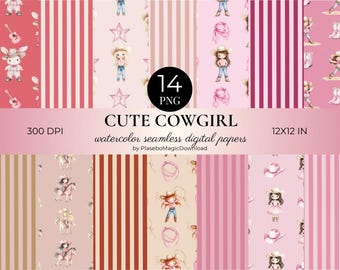 14 Watercolor Coquette Cowgirl Seamless Patterns, Pink Bow, Digital Paper, Digital Download, 300 DPI