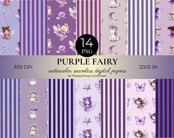 14 Watercolor Purple Fairy Seamless Patterns, Fantasy Digital Paper, Digital Download, 300 DPI