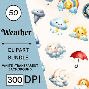 50 Watercolor Weather Clipart Set, Rainbow, Cloud, Sun, Nursery Art, Commercial Use, Digital Download