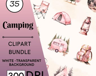 35 Pink Camping Watercolor Clipart, Pink Dreamy Outdoor PNG Set, Commercial Use, Digital Download