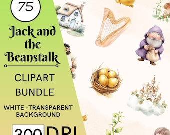 75 imágenes prediseñadas de Jack y las habichuelas mágicas en acuarela, decoración infantil de cuento de hadas (descarga digital)