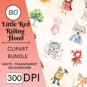 80 aquarel roodkapje clipart, kinderrijmpjes clipart, decor kinderkamer kinderverhalenboek clipart schattige wolf clipart sprookje