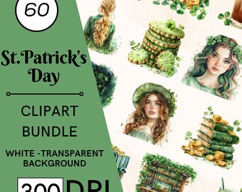 60 clipart ad acquerello per il giorno di San Patrizio, con trifogli e folletti, in formato PNG, per uso commerciale e download digitale.