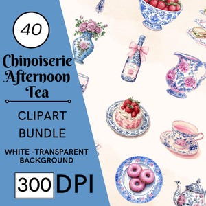 40 aquarel theetijd clipartbundel blauwe chinoiserie theekransje clipart png vintage high tea coquette clipart taart champagne bruids douche