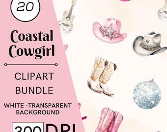 20 Coastal Cowgirl Clipart Bundle, Watercolor Western Graphics, Commercial Use, Digital Download