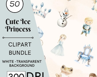 50 Ice Princess Watercolor Clipart, Winter Snowman Graphics, Commercial Use, Digital Download