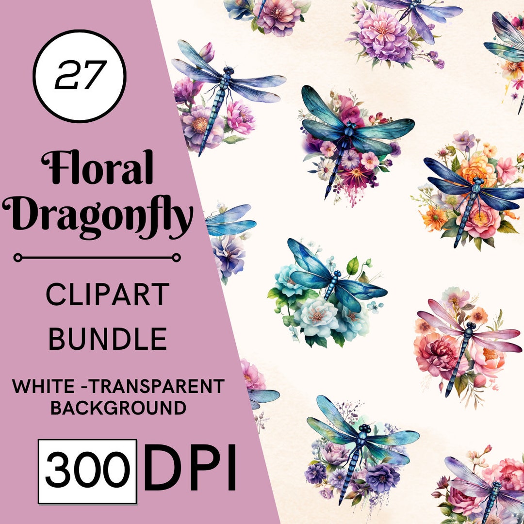 27 Watercolor Dragonfly Floral Clipart Bundle, Insect PNG Graphics ...