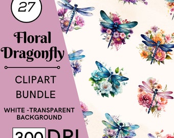 27 Watercolor Dragonfly Floral Clipart Bundle, Insect PNG Graphics, Floral, Commercial Use, Digital Download