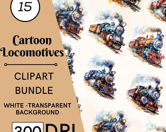 15 Cartoon Locomotive Clipart, Antique Train Watercolor Graphics, Commercial Use, Digital Download