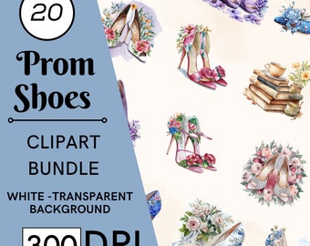 20 Floral Prom Shoes Clipart, Watercolor High Heels PNG, Commercial Use, Digital Download