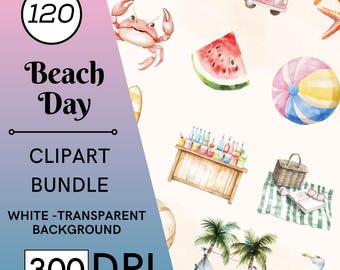 120 imágenes prediseñadas de acuarela de un día de playa, vacaciones de verano en la playa, guardería, uso comercial, descarga digital