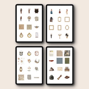 May include: Four digital tablet screens displaying a variety of vintage and modern illustrations, including clocks, frames, flowers, and a globe. The illustrations are arranged in a grid pattern on each screen.