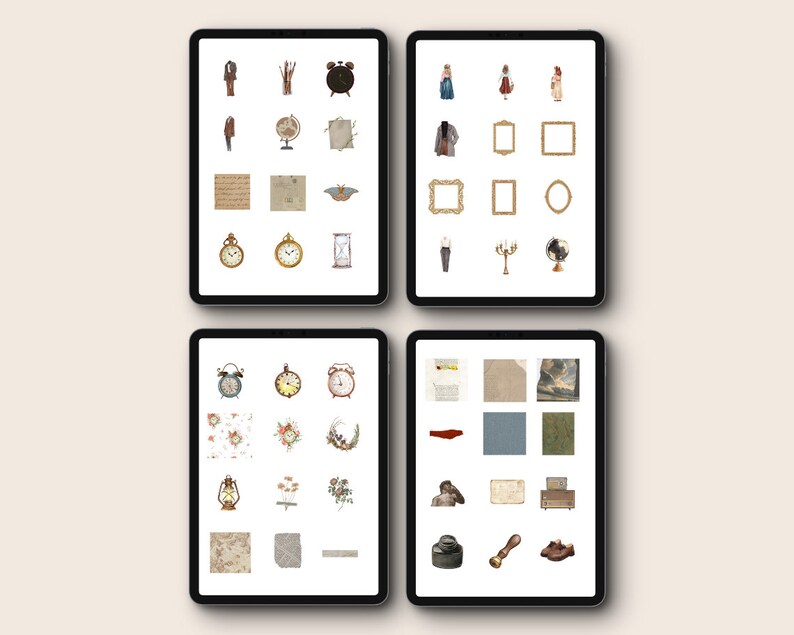 May include: Four digital tablet screens displaying a variety of vintage and modern illustrations, including clocks, frames, flowers, and a globe. The illustrations are arranged in a grid pattern on each screen.