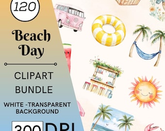 120 imágenes prediseñadas de acuarela de un día de playa, vacaciones de verano en la playa, guardería, uso comercial, descarga digital