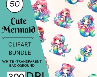 Mermaid Clipart – 50 Watercolor PNG Graphics (Digital Download)