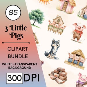 85 imágenes prediseñadas de acuarela de los Tres Cerditos, imágenes prediseñadas de rimas infantiles, Lobo Feroz, decoración infantil, imágenes prediseñadas de cuentos infantiles, Los Tres Cerditos