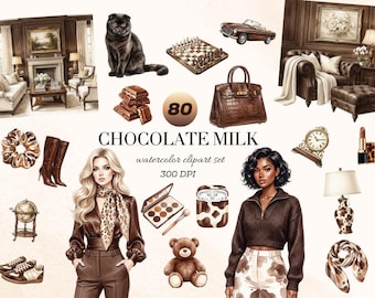 80 Chocolate Milk Watercolor Clipart, Parisian Fashion PNG, Old Money, Digital Download