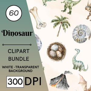 60 Watercolor Dinosaur Clipart Bundle, Dino Party Decor, Commercial Use, Digital Download