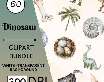 60 Watercolor Dinosaur Clipart Bundle, Dino Party Decor, Commercial Use, Digital Download