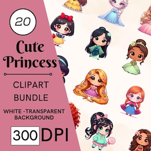 20 Cute Princess Clipart Set - 300 DPI, High-Resolution, Transparent Background for Commercial Use, Perfect for DIY Gifts & Crafts