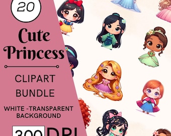 Cute Princess Watercolor Clipart Set – 20 PNG Images (Commercial Use)