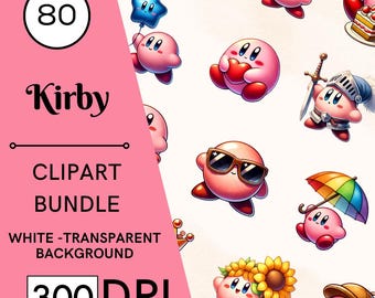 80 Kirby Watercolor Clipart Set, High-Resolution PNG, Commercial Use, Digital Download
