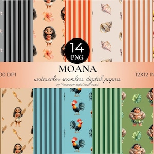 14 akvarell Vaiana sömlösa mönster, fantasy digitalt papper, digital nedladdning