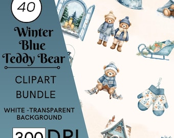 40 Watercolor Winter Blue Teddy Bear Clipart Bundle, Boy Babyshower Graphics, Toy, Gender Reveal