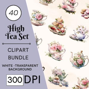 May include: A set of 40 watercolour illustrations of teacups, teapots, and tea-related items. The illustrations are in a vintage style and feature floral designs. The text "High Tea Set" is included in the image.
