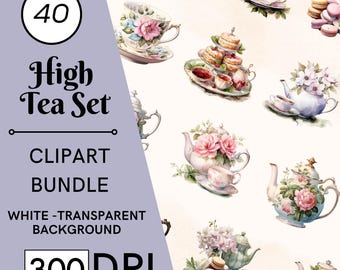 40 imágenes prediseñadas de acuarela para té de la tarde, tazas de té florales, teteras, arte del té, uso comercial, descarga digital