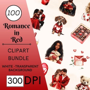 100 Romance in Red Watercolor Clipart Collection, Commercial Use Instant Download PNG Watercolour Digital Clip Art, Romantic Couples Love