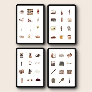 May include: Four digital tablet screens displaying a collection of vintage-inspired illustrations. The illustrations include a variety of objects such as a typewriter, a cup of coffee, a vintage camera, a record player, a pair of glasses, a hat, a book, a key, a telephone, a mirror, a candle, a flower, a paint palette, a compass, a dress, a pair of shoes, a suitcase, a scarf, a pair of suspenders, a watch, and a pair of slippers.