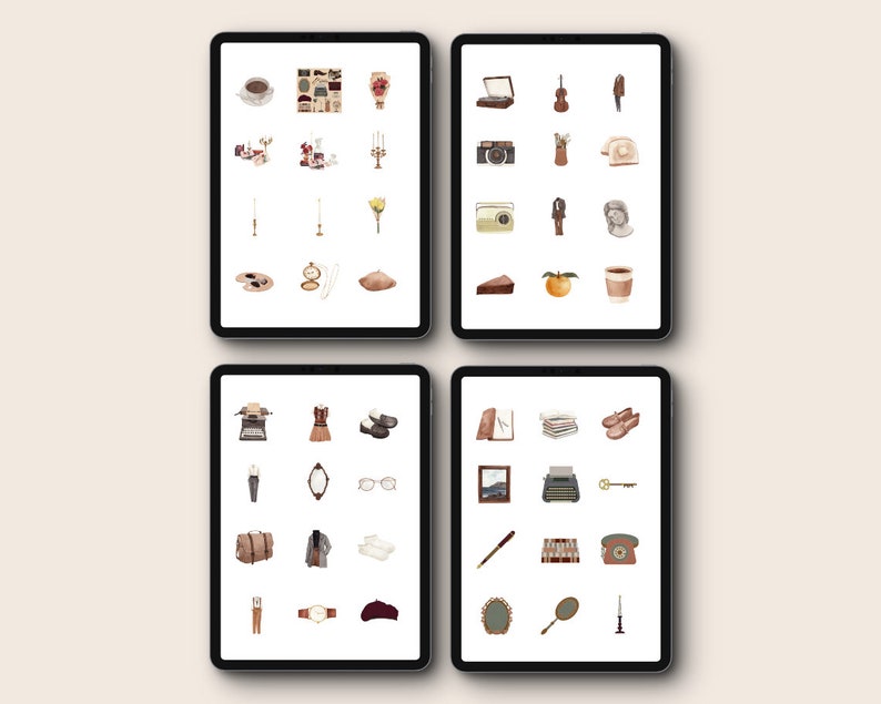 May include: Four digital tablet screens displaying a collection of vintage-inspired illustrations. The illustrations include a variety of objects such as a typewriter, a cup of coffee, a vintage camera, a record player, a pair of glasses, a hat, a book, a key, a telephone, a mirror, a candle, a flower, a paint palette, a compass, a dress, a pair of shoes, a suitcase, a scarf, a pair of suspenders, a watch, and a pair of slippers.