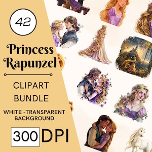 42 Princess Rapunzel-clipart, PNG, volledig commercieel gebruik, aquarel Fantasy Princess Fairytale-clipart, met Instant Download, kroon, verward
