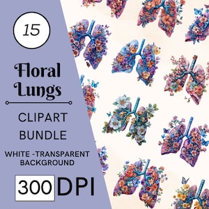 15 Floral Lungs Clipart Bundle, Anatomie & Blumen, JPG, PNG, kommerzielle Nutzung, digitaler Download