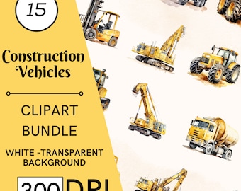 15 Construction Vehicles Watercolor Clipart, Vehicle Graphics, Commercial Use, Digital Download