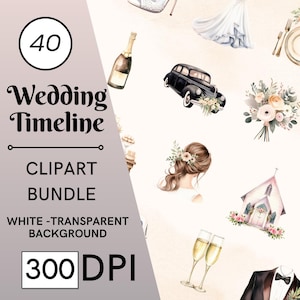 40 Wedding Timeline Clipart, Watercolor Wedding Clipart, Wedding PNG, Wedding Day Clipart, Clipart Wedding Elements, Wedding Cake Clipart